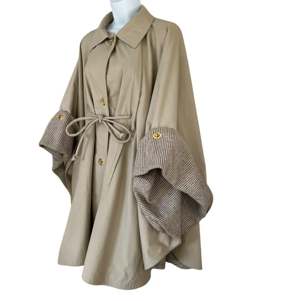 Bonnie Cashin cape khaki cream plaid wool lined waist tie turnlock closure coat